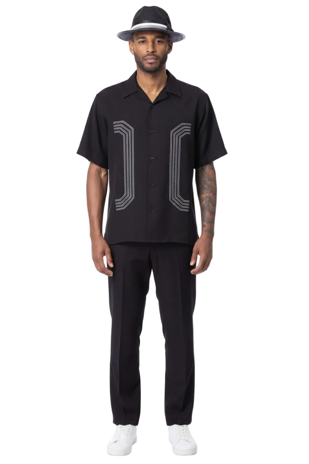 Curved Geometric Short Sleeve Walking Suit - Black