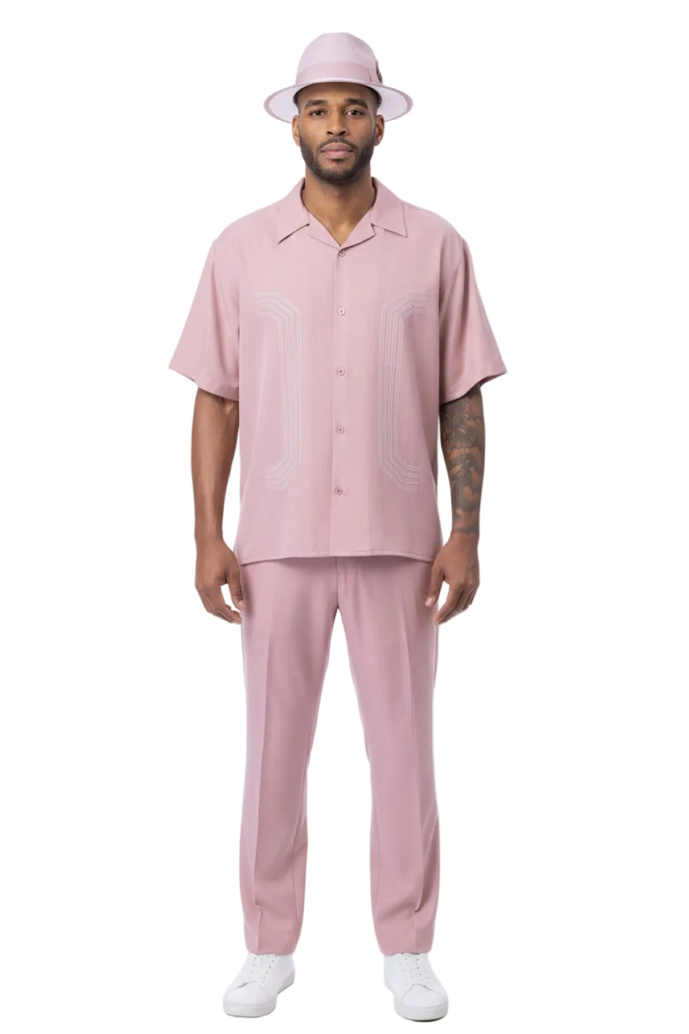 Curved Geometric Short Sleeve Walking Suit - Blush