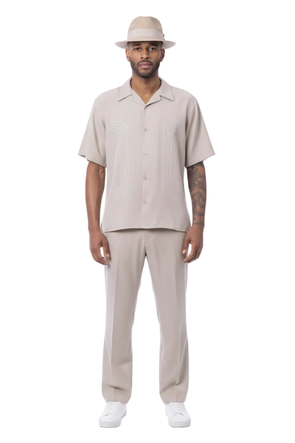 Curved Geometric Short Sleeve Walking Suit - Khaki