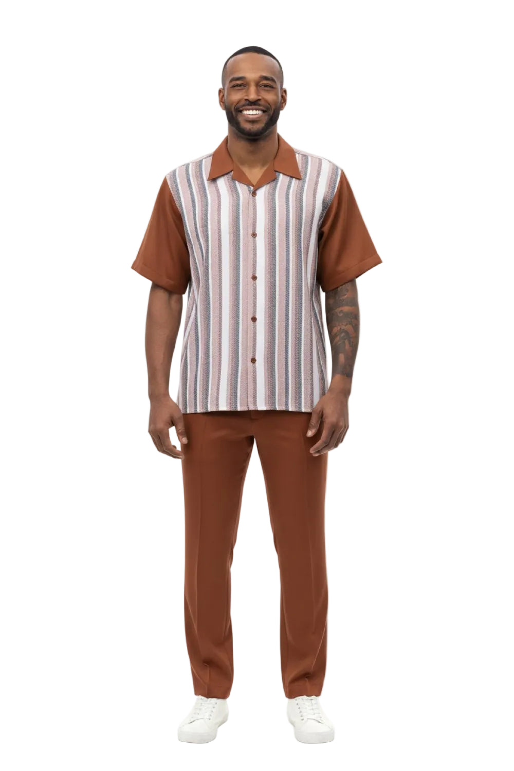 Multi-Tone Vertical Stripe Short Sleeve Walking Suit - Cognac