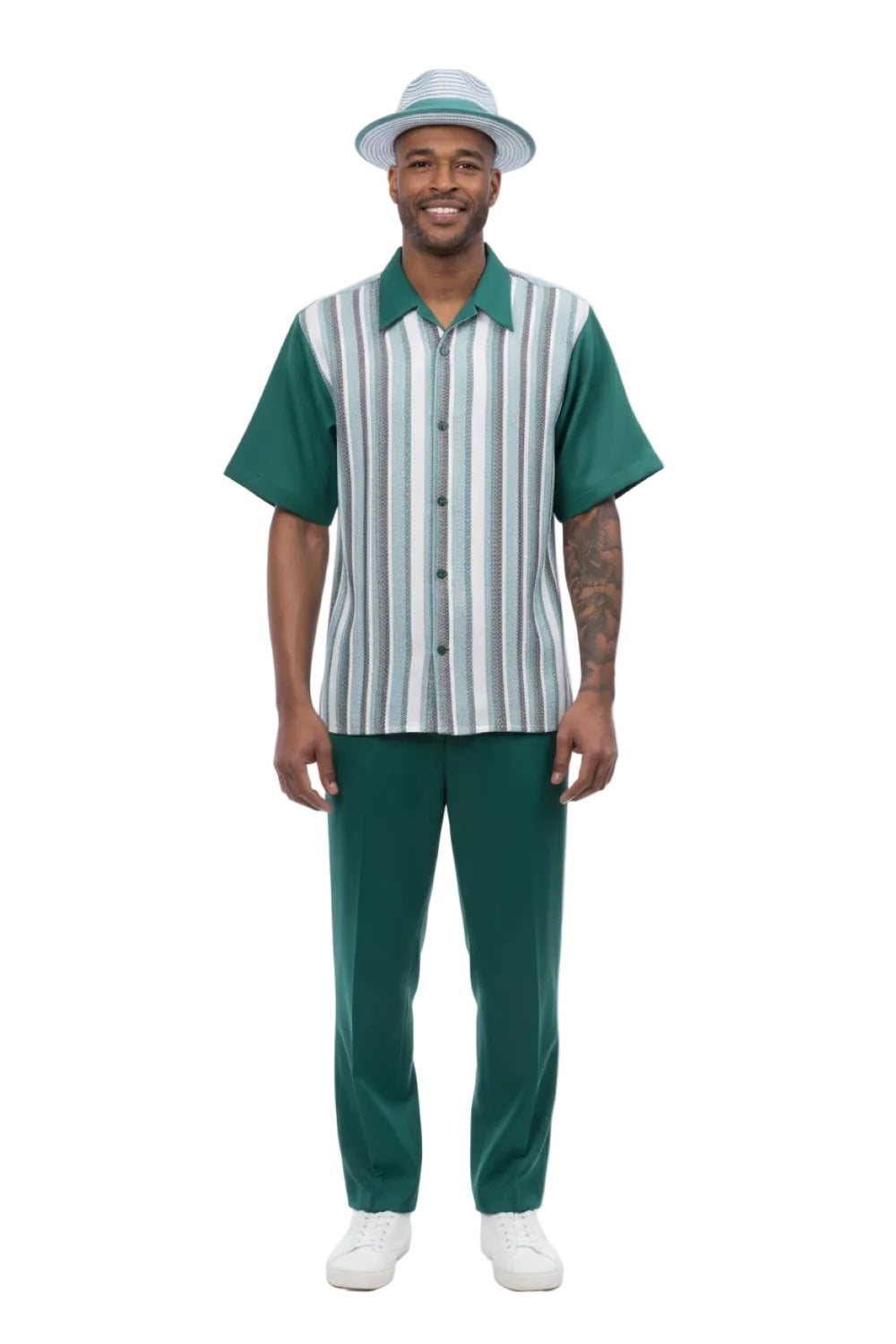 Multi-Tone Vertical Stripe Short Sleeve Walking Suit - Green