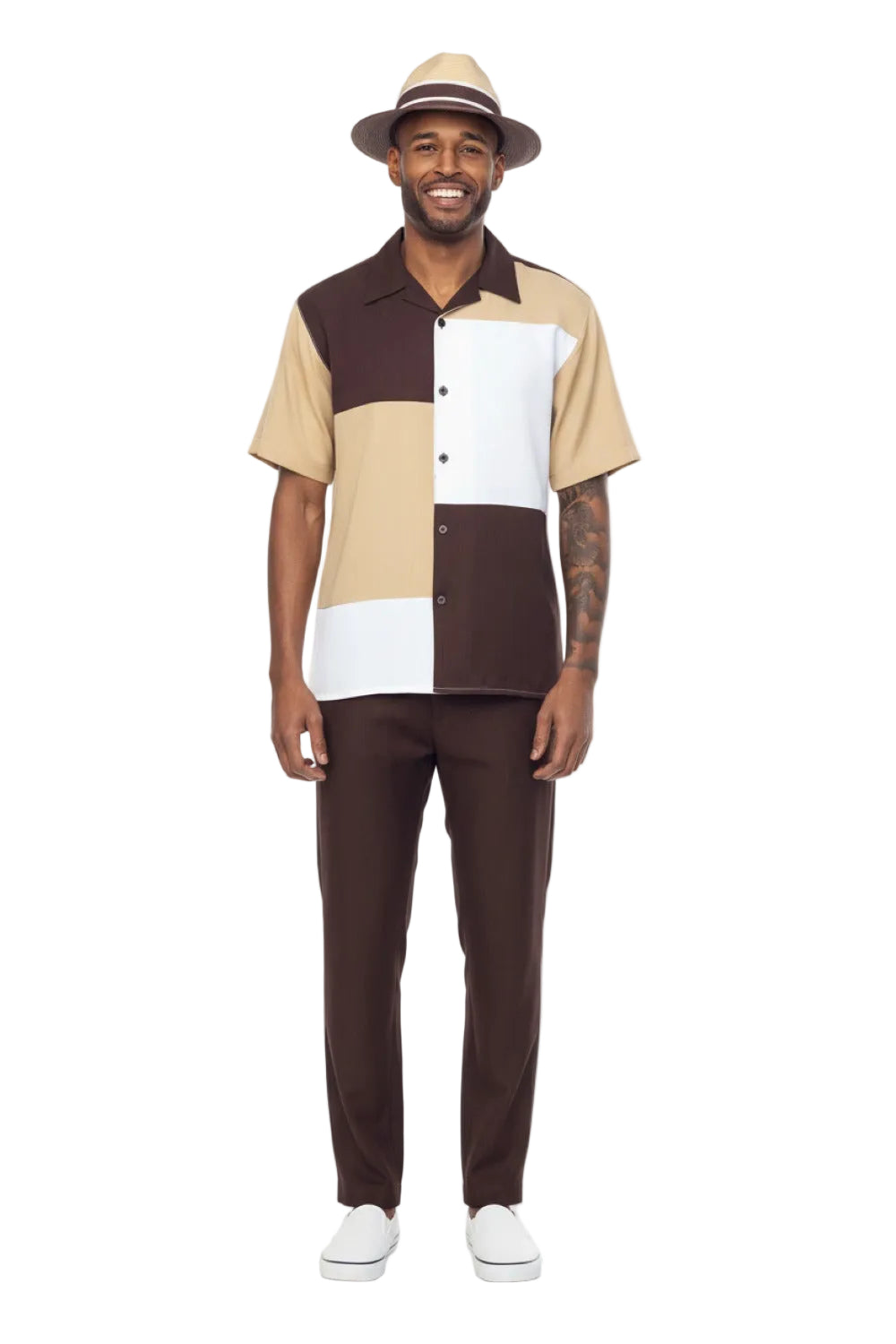 Solid Color Block Short Sleeve Walking Suit - Brown