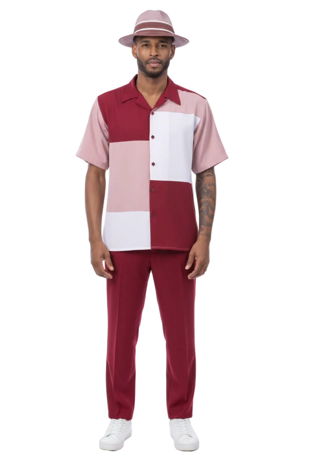 Solid Color Block Short Sleeve Walking Suit - Ruby