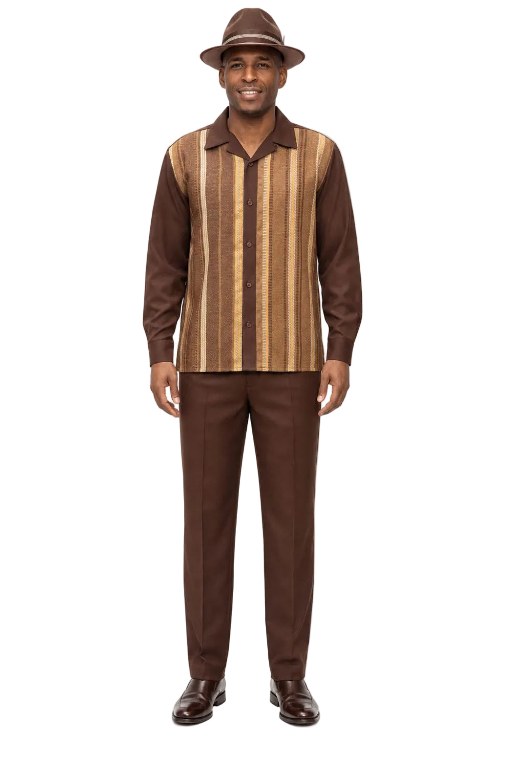 Men’s Tonal Vertical Stripe Long Sleeve Walking Suit Set – Brown