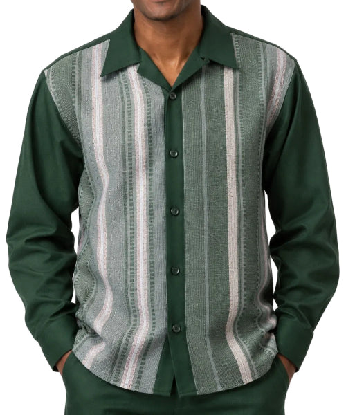 A man wearing a long-sleeve button-up shirt with a dark green base and vertical striped panels in gray, beige, and white, paired with matching dark green pants against a white background.