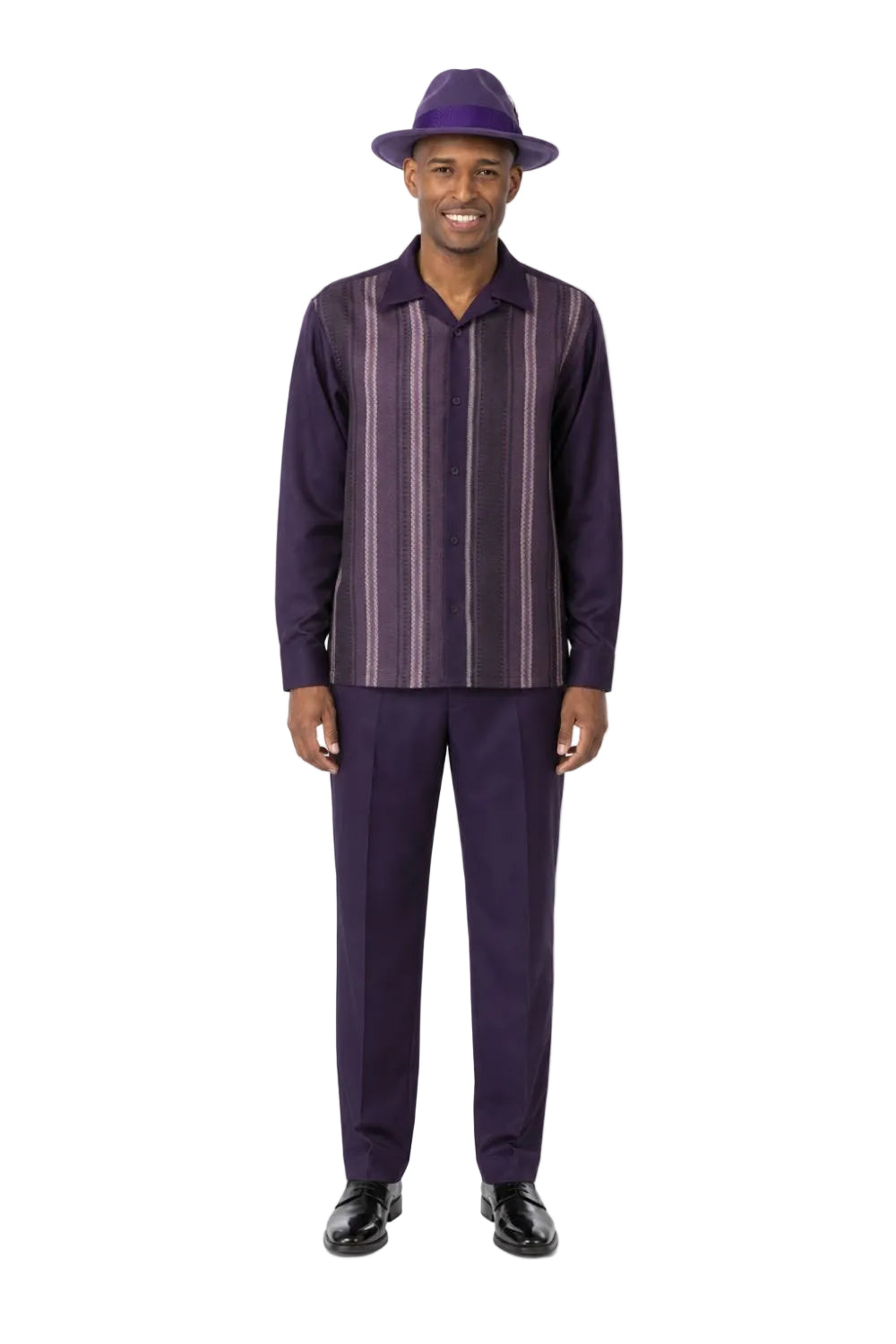 Men’s Tonal Vertical Stripe Long Sleeve Walking Suit Set – Plum