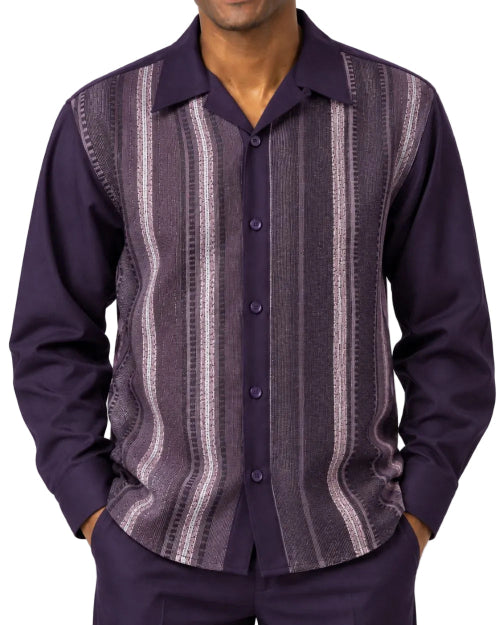 Plum men's long-sleeve walking suit shirt with tonal vertical stripes