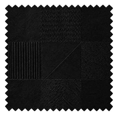 A square fabric swatch with serrated edges, showing a patchwork of black textured materials including ribbed, woven, and knit patterns.