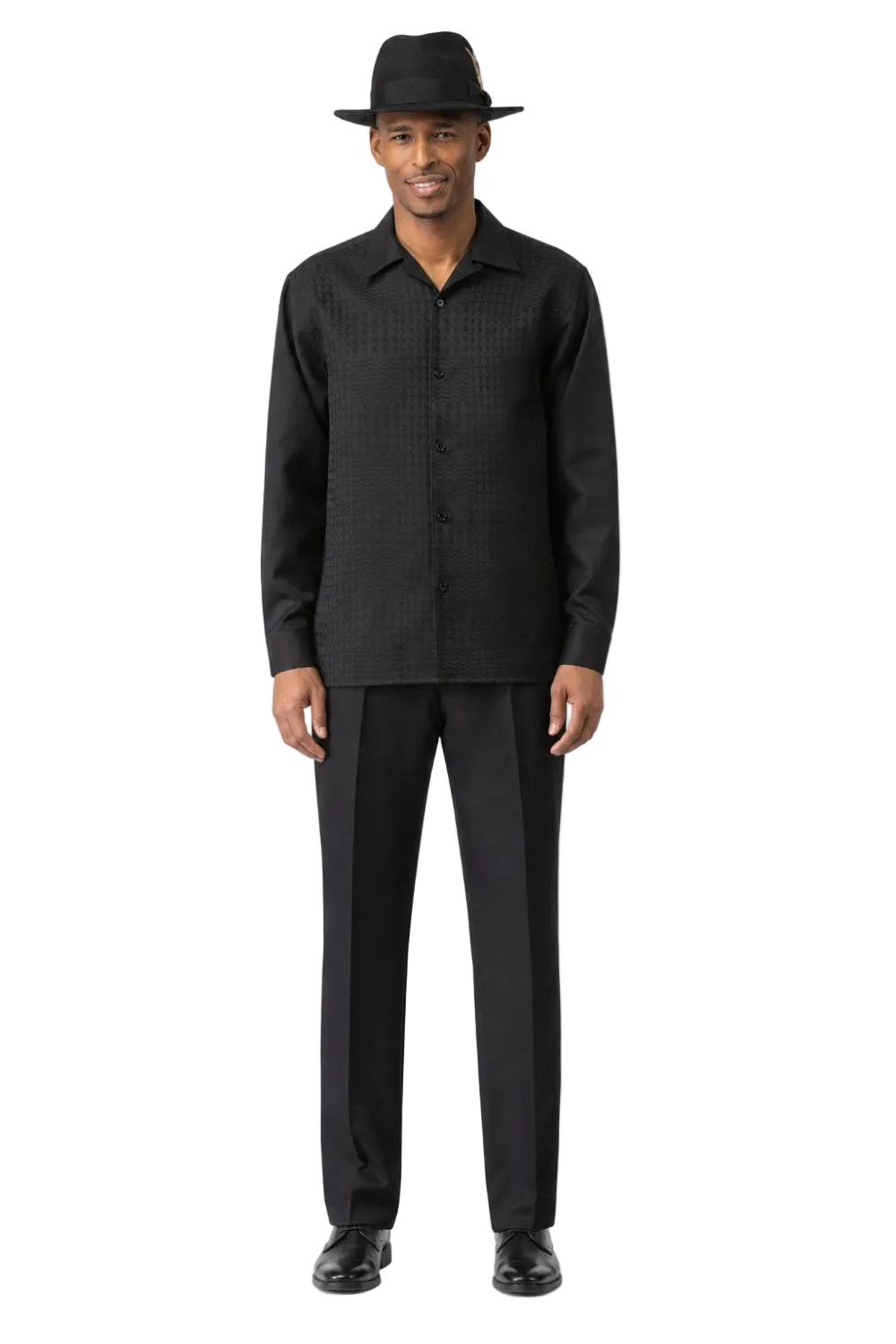 Men’s Tonal Jacquard Long Sleeve Walking Suit Set – Black
