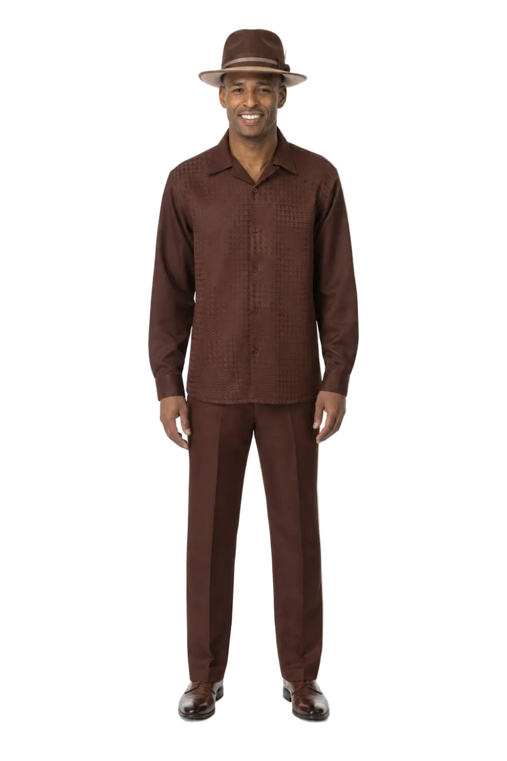Men’s Tonal Jacquard Long Sleeve Walking Suit Set – Brown