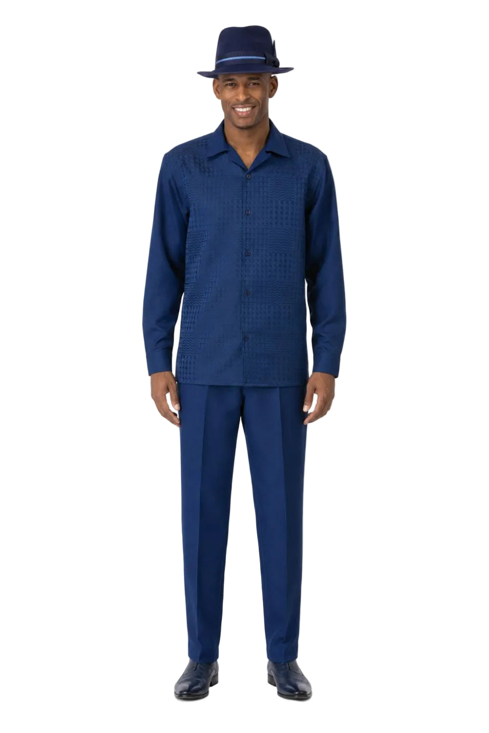 Men’s Tonal Jacquard Long Sleeve Walking Suit Set – Navy