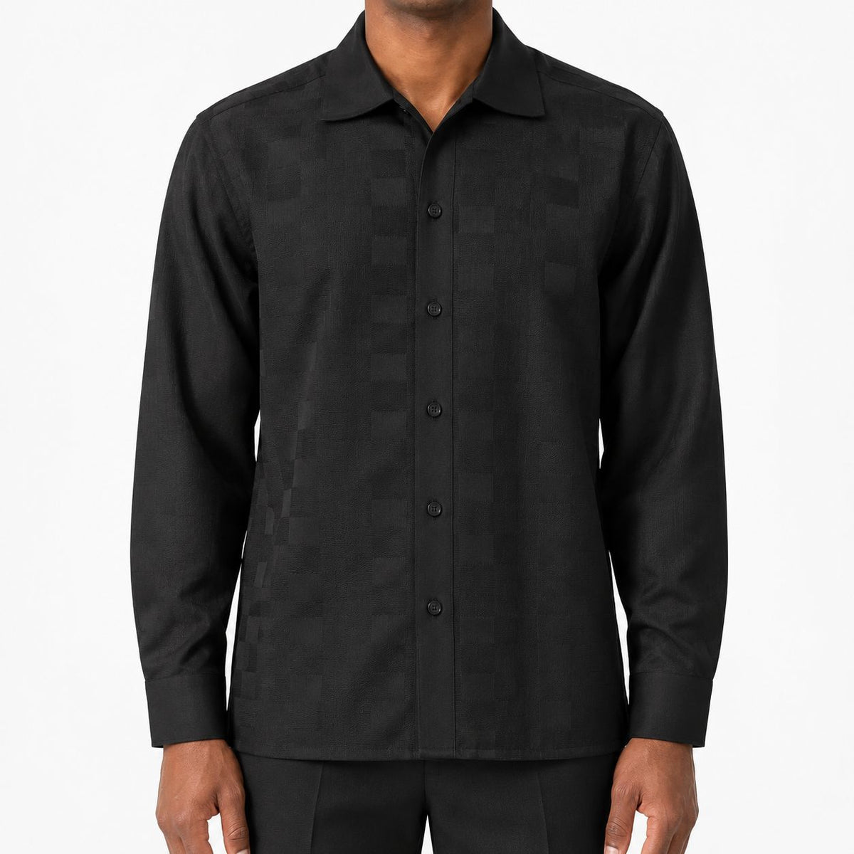 Men’s Tonal Checkered Long Sleeve Walking Suit Set – Black