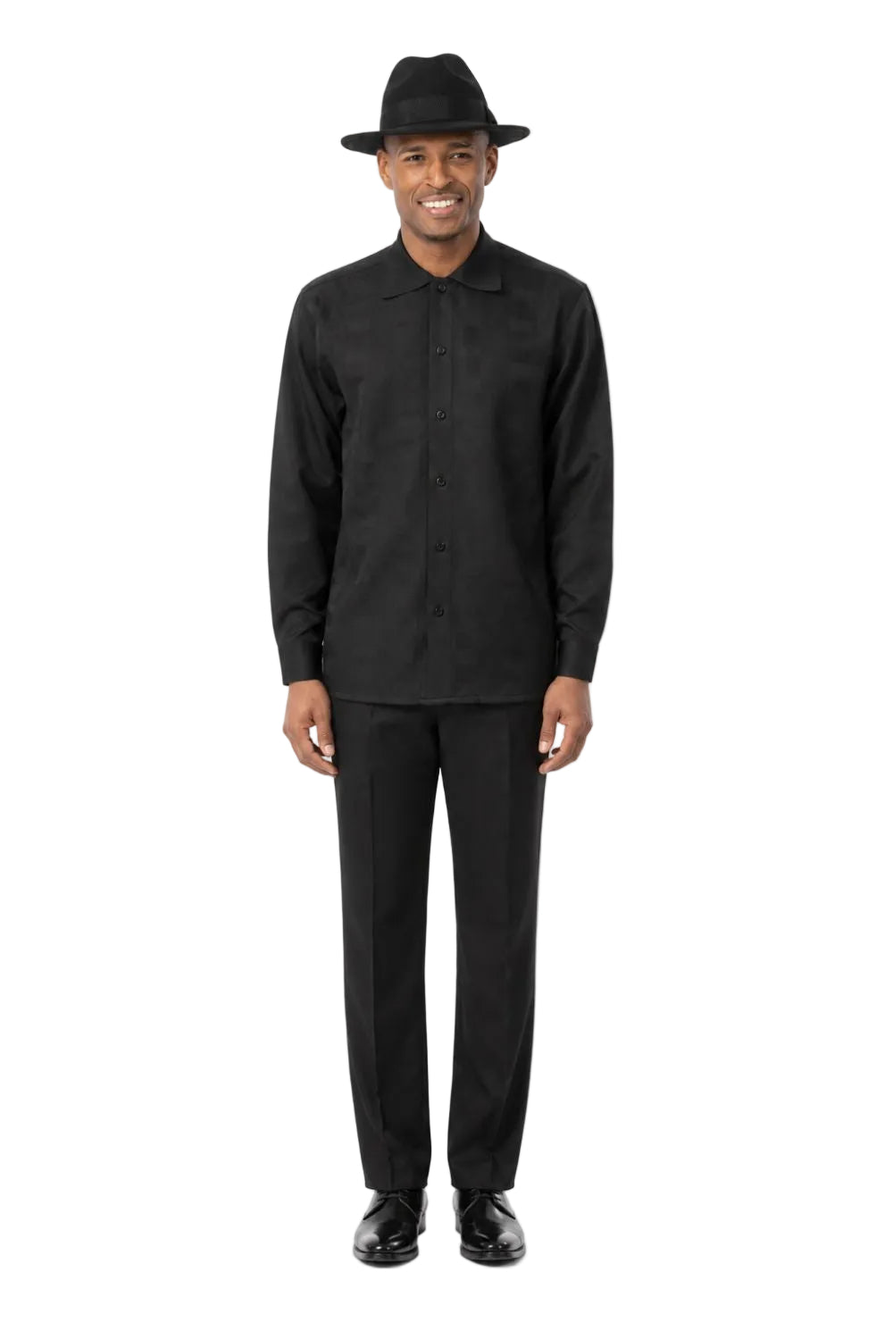 Men’s Tonal Checkered Long Sleeve Walking Suit Set – Black
