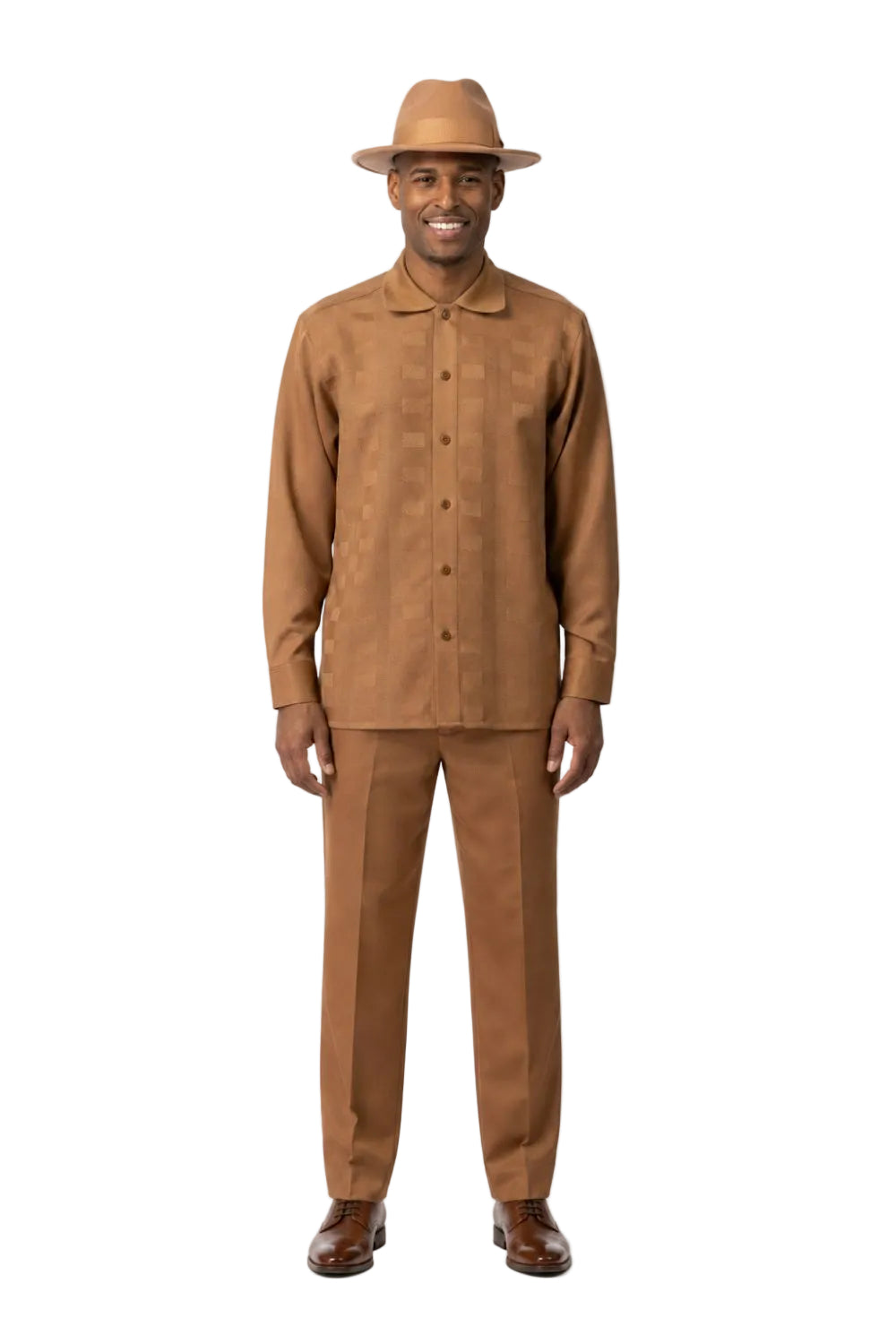 Men’s Tonal Checkered Long Sleeve Walking Suit Set – Camel