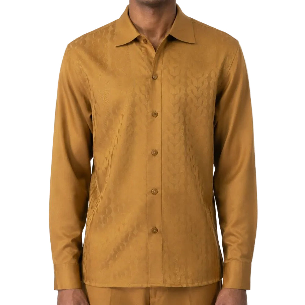 A man wearing a long-sleeve button-up shirt in a warm mustard-gold color with a subtle tonal textured pattern, shown against a plain white background.