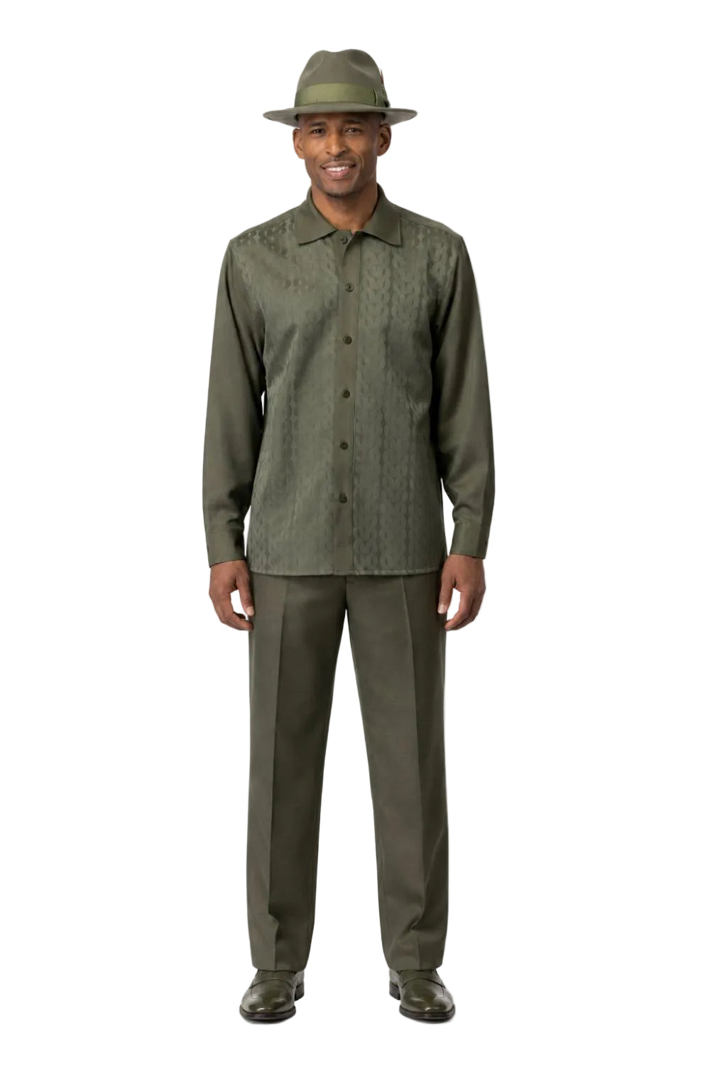 Men’s Geometric Jacquard Long Sleeve Walking Suit Set – Olive