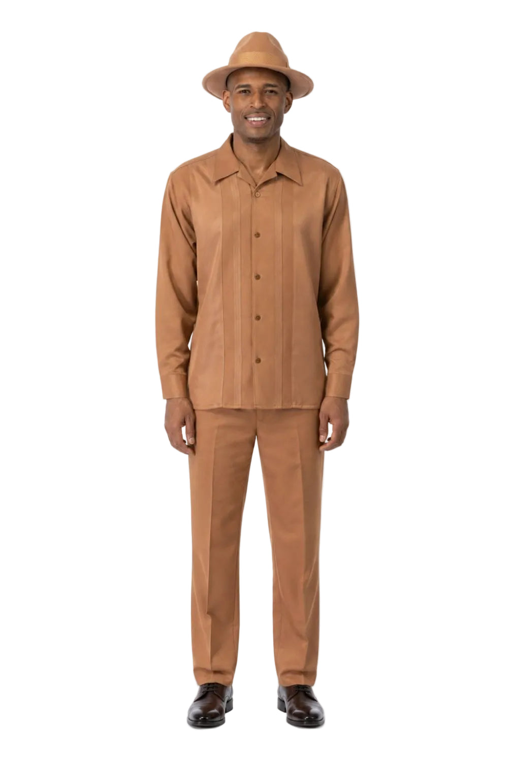 Men’s Tone-on-Tone Vertical Panel Long-Sleeve Walking Suit Set – Camel