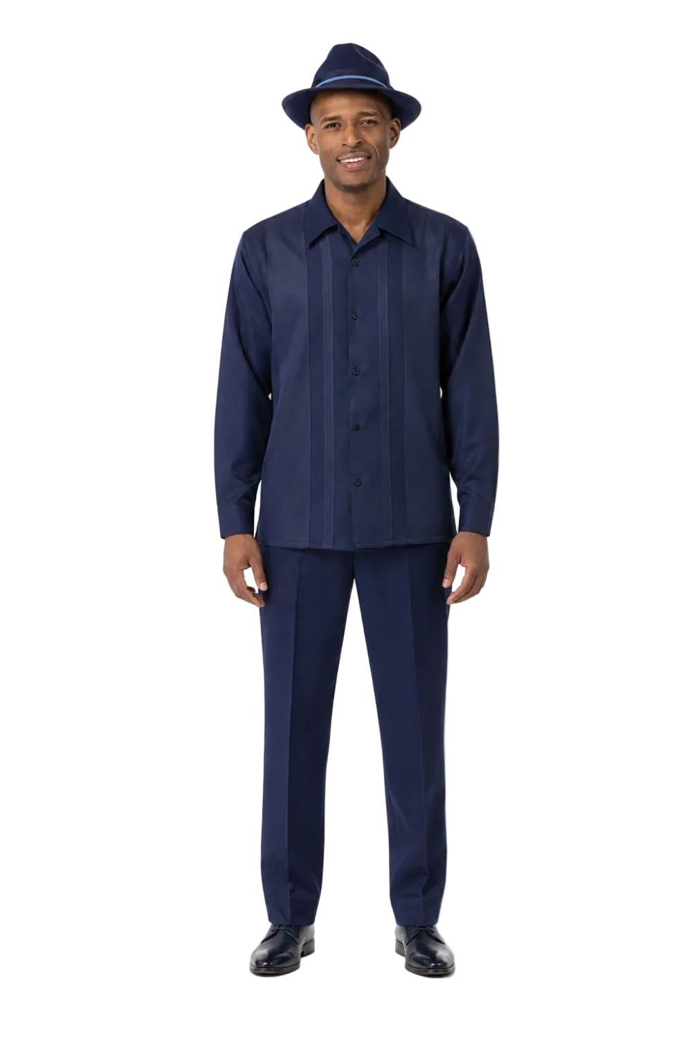 Men’s Tone-on-Tone Vertical Panel Long-Sleeve Walking Suit Set – Navy