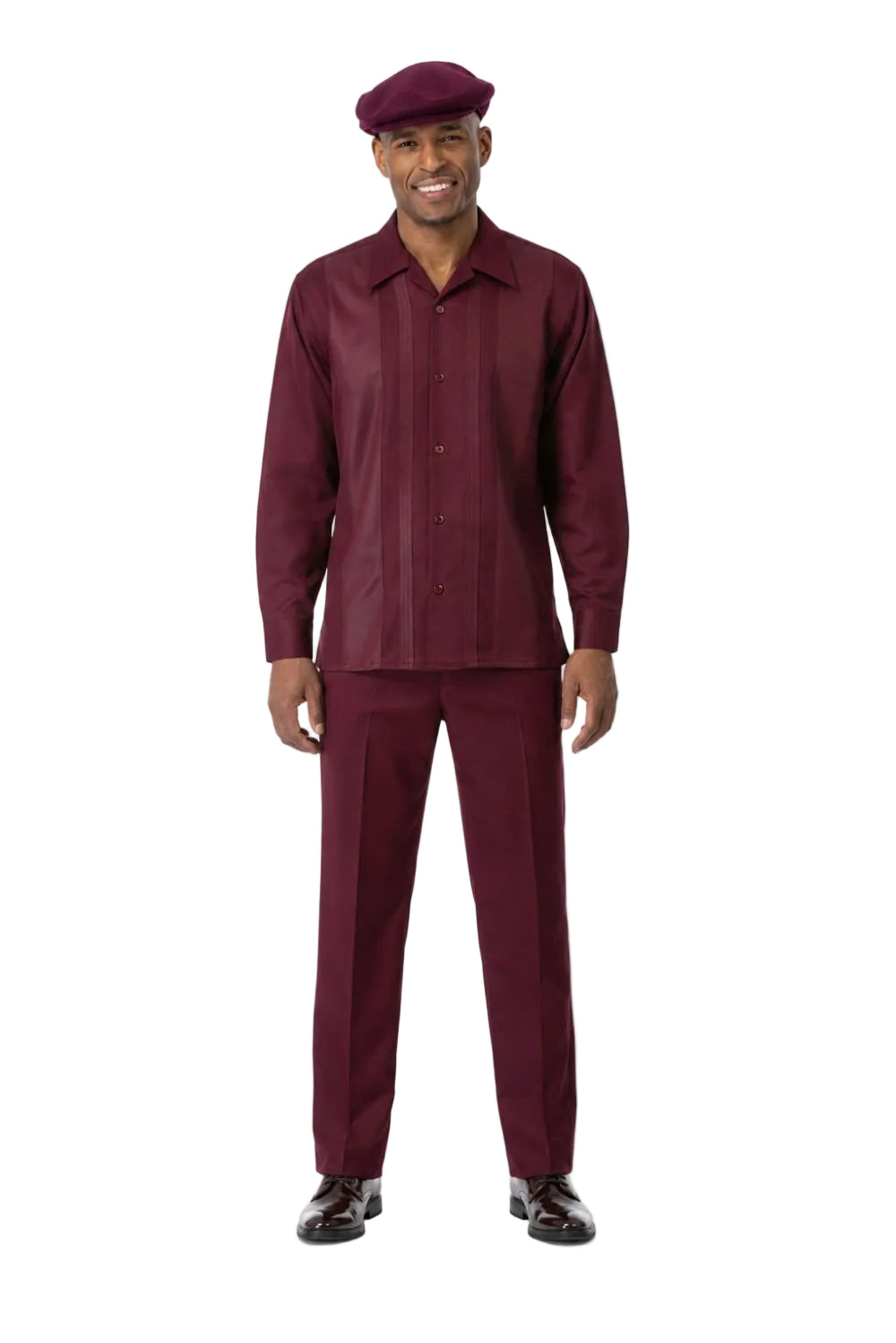 Men’s Tone-on-Tone Vertical Panel Long-Sleeve Walking Suit Set – Wine