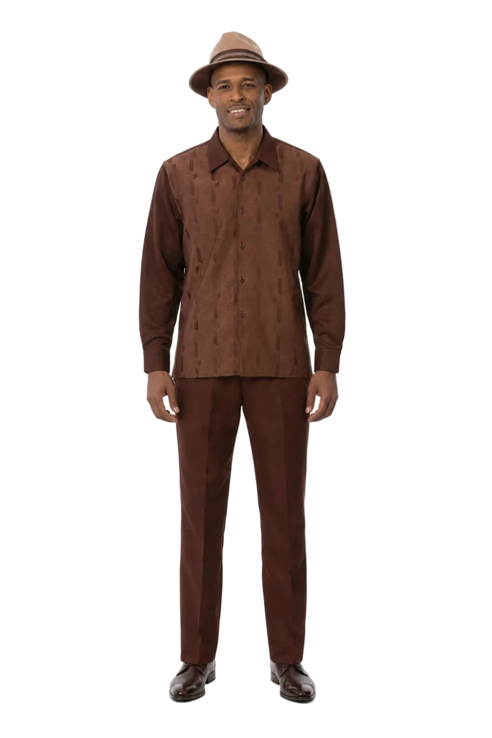 Men’s Geometric Jacquard Long Sleeve Walking Suit Set – Brown