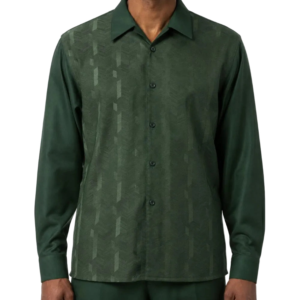 A man wearing a dark green long-sleeve button-up shirt with a subtle geometric pattern, shown from the neck down against a plain white background.
