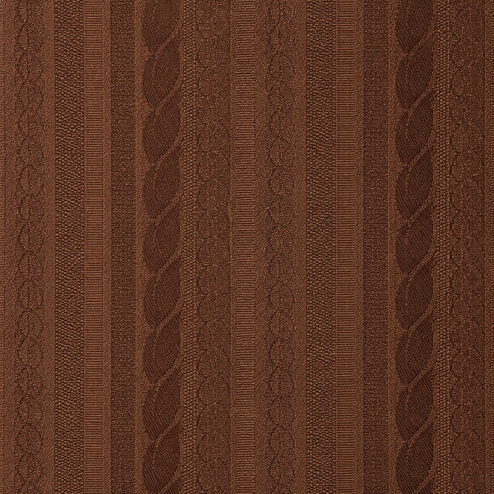 A close-up of a brown woven fabric with vertical textured stripes and cable-knit patterns.