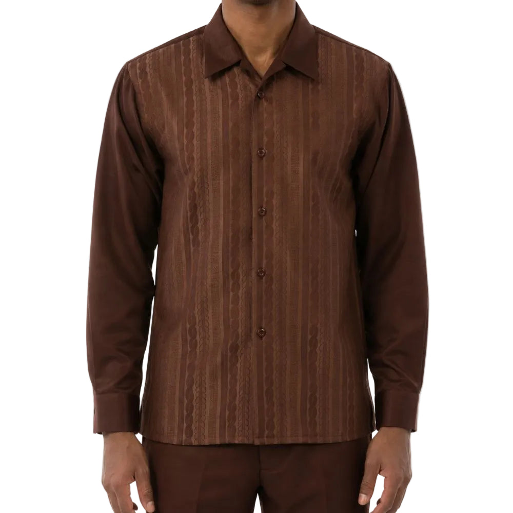 A man wearing a brown long-sleeve button-up shirt with vertical textured stripes and matching brown trousers, shown from the neck down against a plain white background.