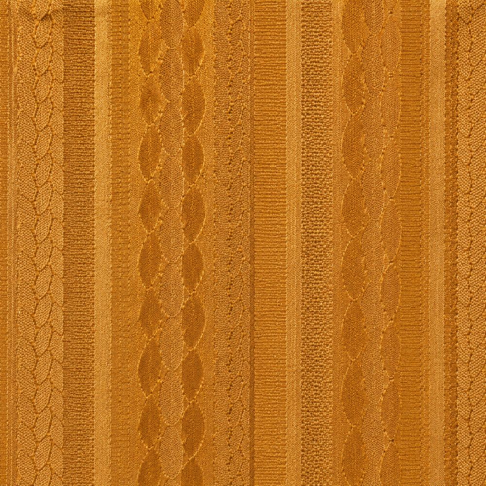A close-up of a textured fabric or wallpaper pattern featuring vertical stripes in warm golden yellow, amber, and tan tones with woven cable and ribbed textures.