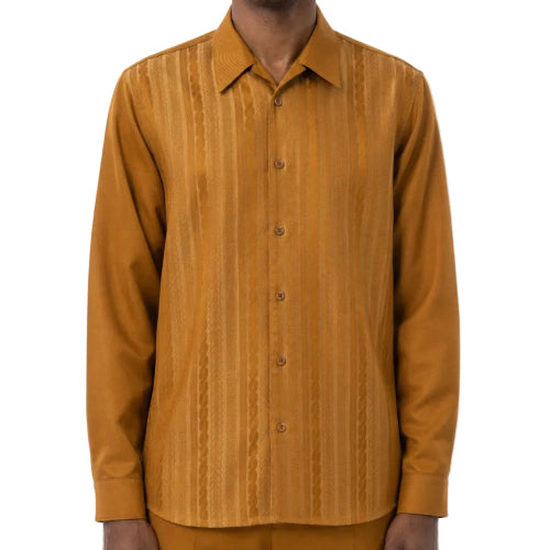 A man wearing a mustard yellow long-sleeve button-up shirt with vertical textured stripes, shown from the neck down against a plain white background.
