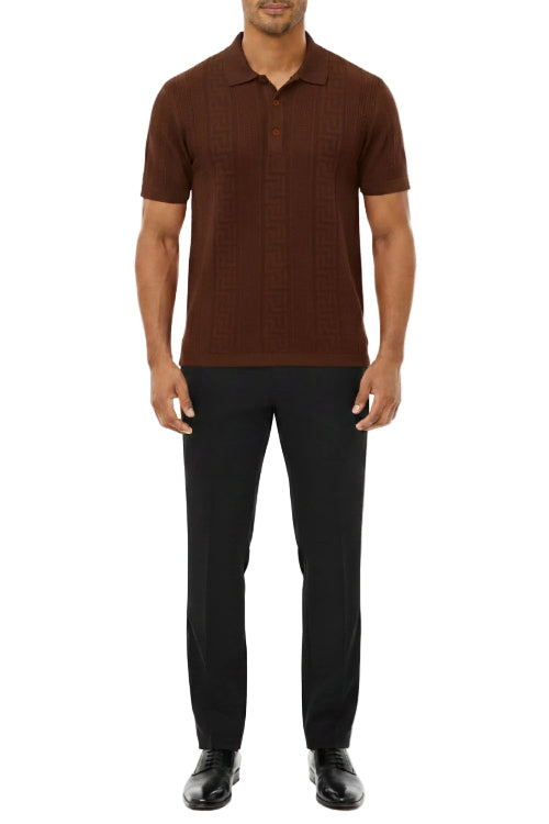 Man wearing a brown textured polo shirt and black pants on a white background