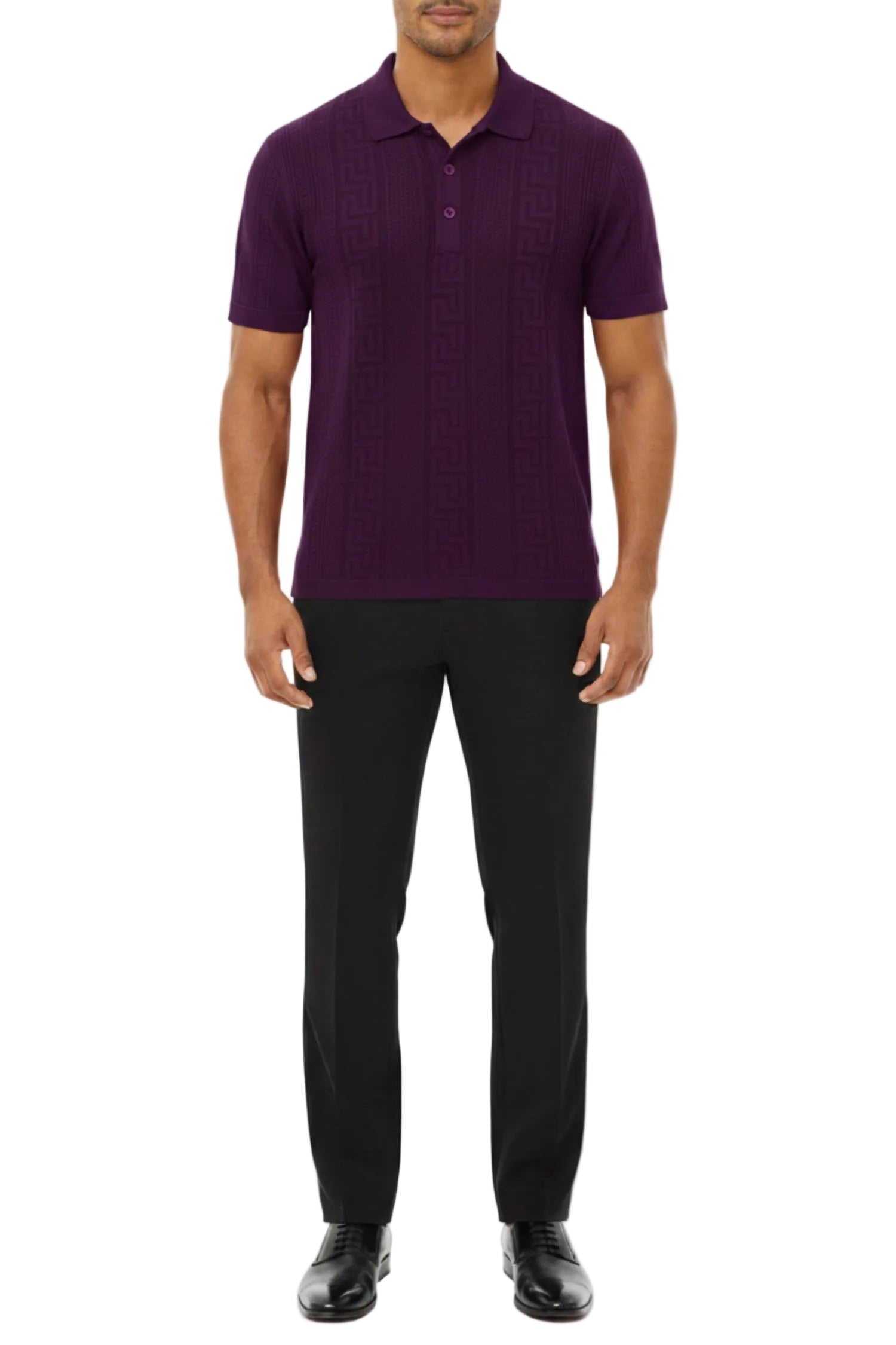Man wearing a purple textured polo shirt and black pants on a white background