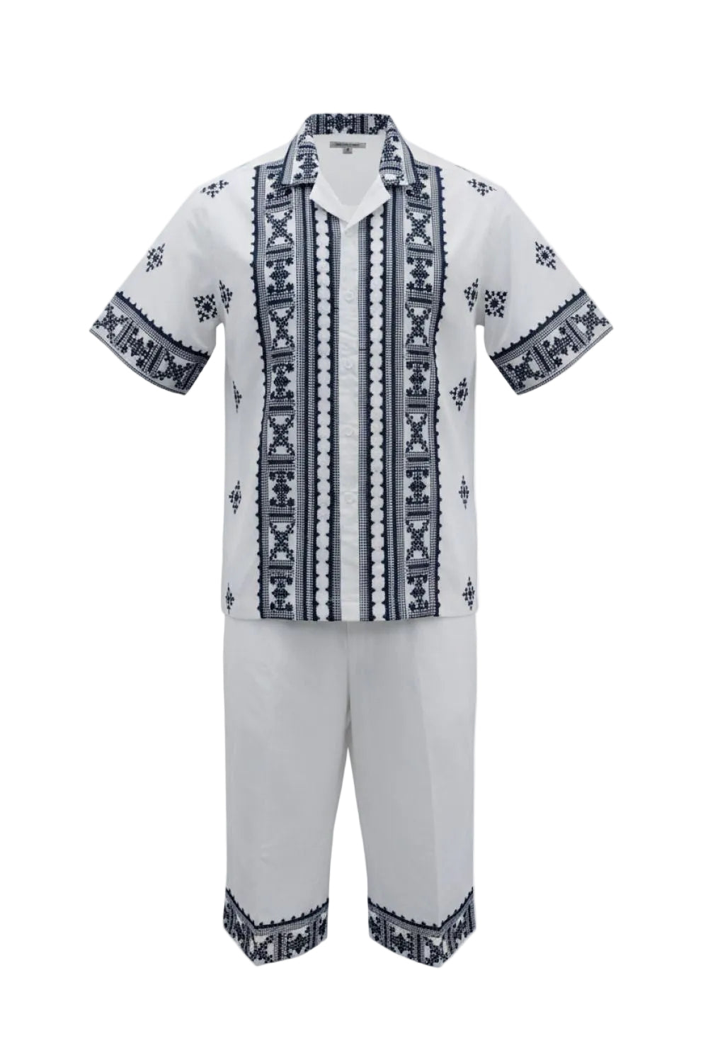 White shirt with black and blue patterns and white pants on a white background