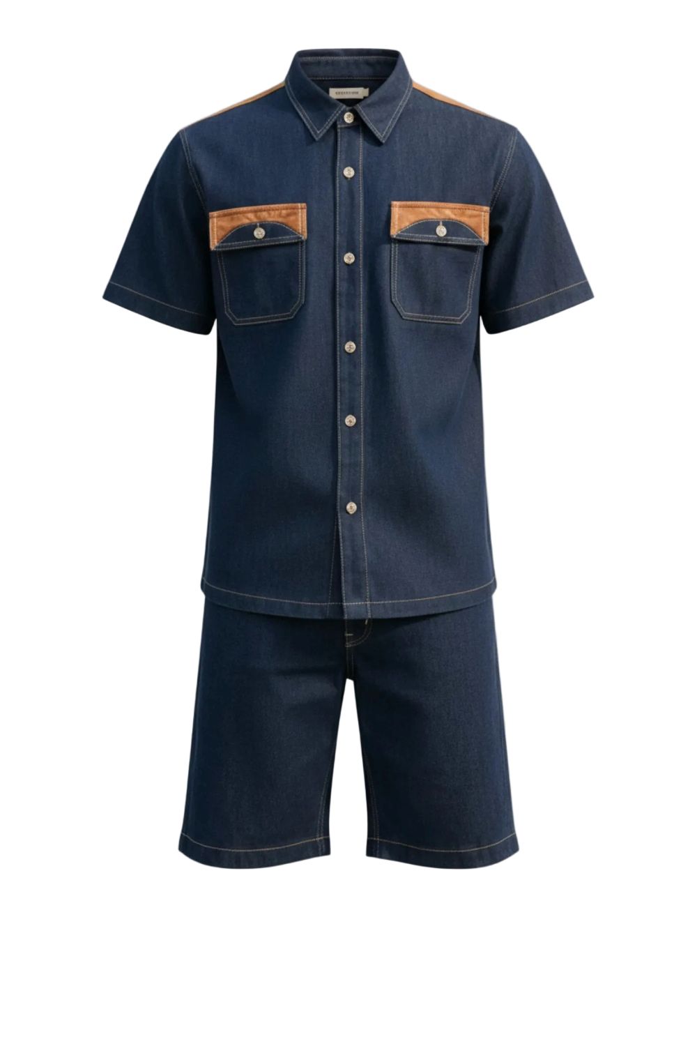 Navy denim shirt with brown accents and matching shorts on a white background
