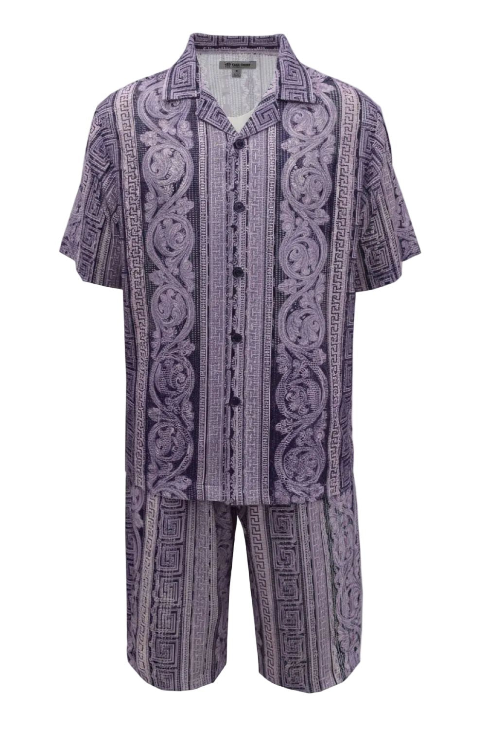 Purple patterned shirt and shorts set on a white background