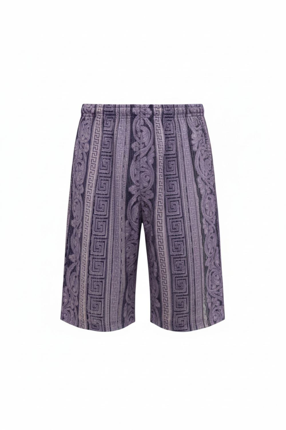 Purple patterned shorts on a white background