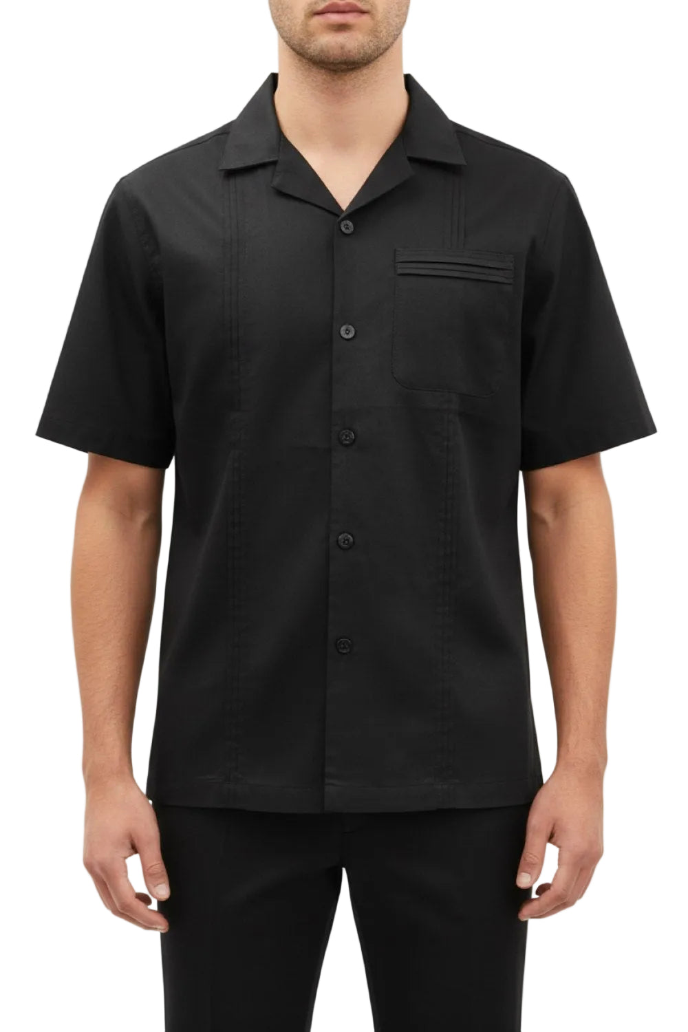 Black short-sleeve button-up shirt worn by a person on a white background