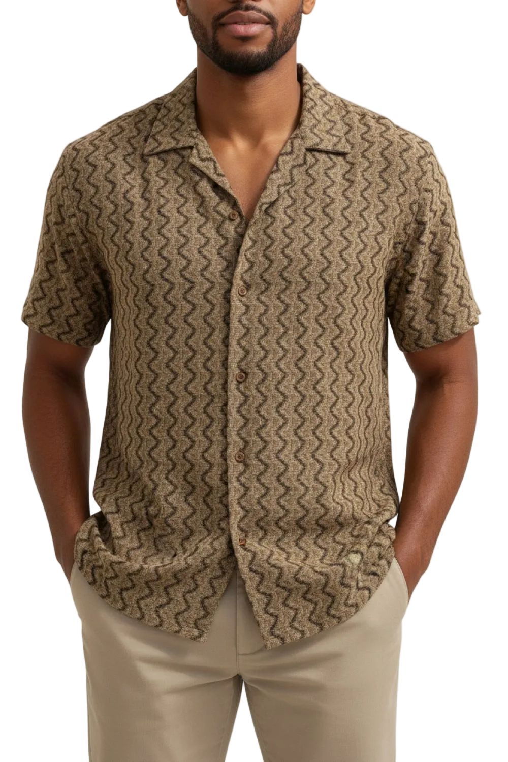 Stacy Adams - Men's Brown Textured Wave Pattern Shirt