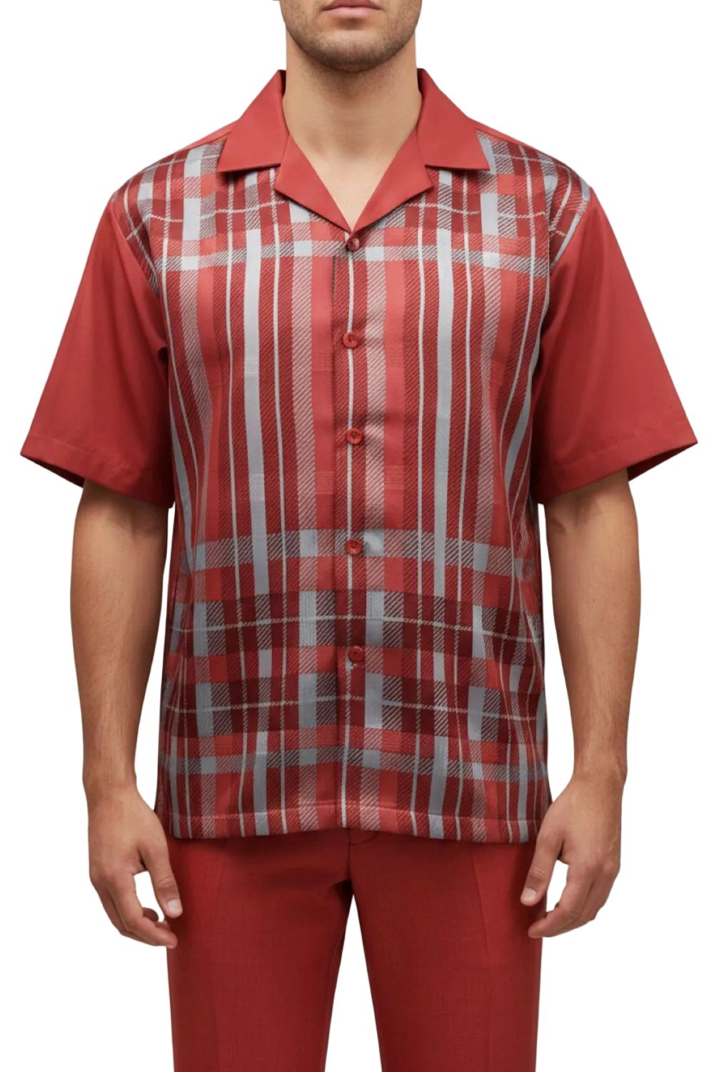 Red plaid shirt worn by a person on a white background