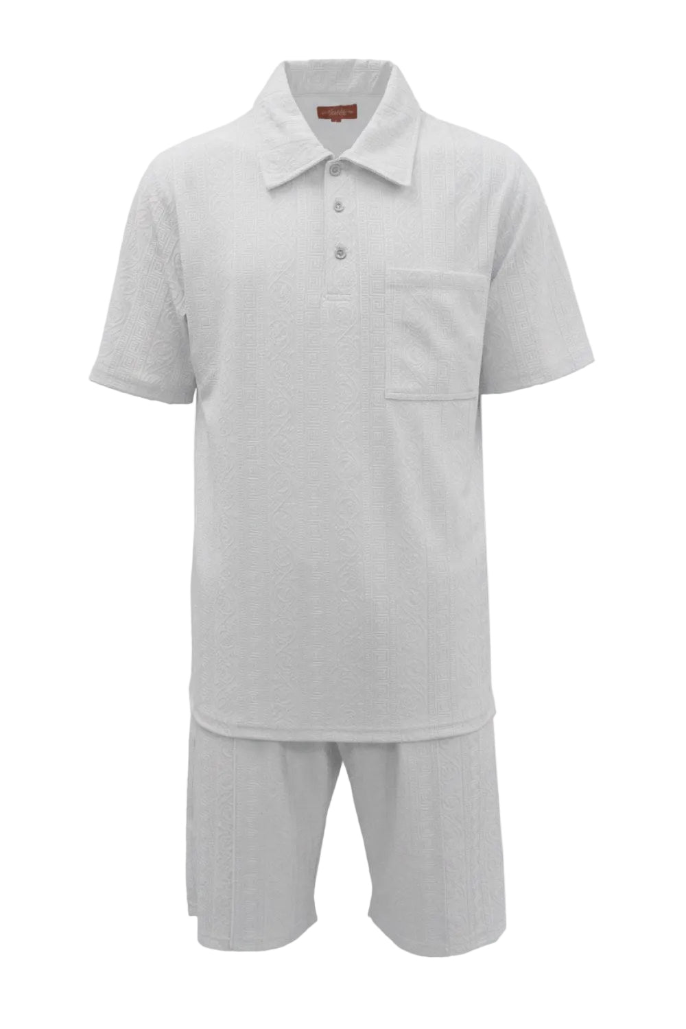 White polo shirt and shorts set on a white background