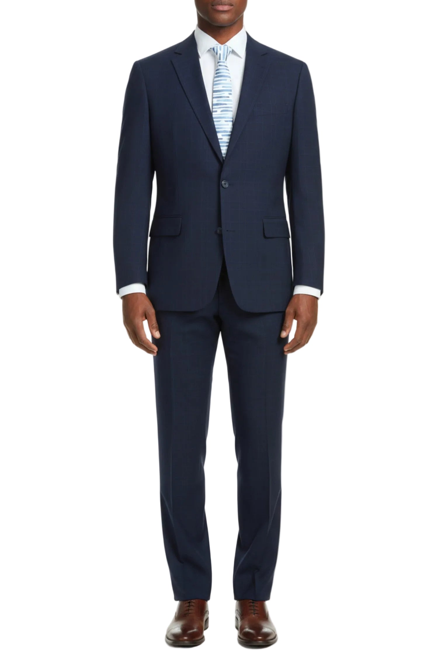 Navy suit with a white shirt and striped tie on a white background