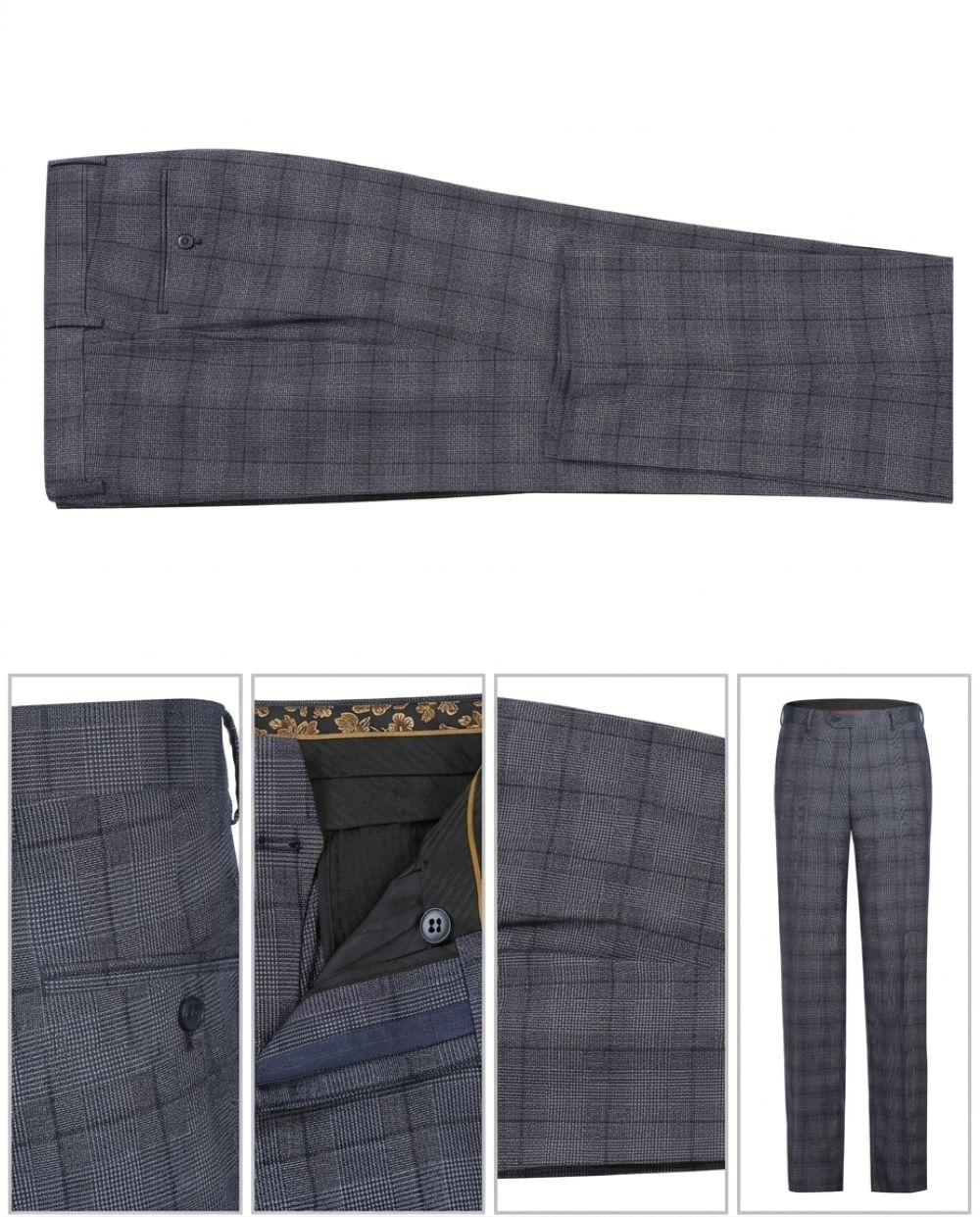 A pair of gray plaid trousers shown in multiple views: a full-length top view at the top and four detail panels along the bottom highlighting the fabric texture, pocket, interior lining, and front closure.