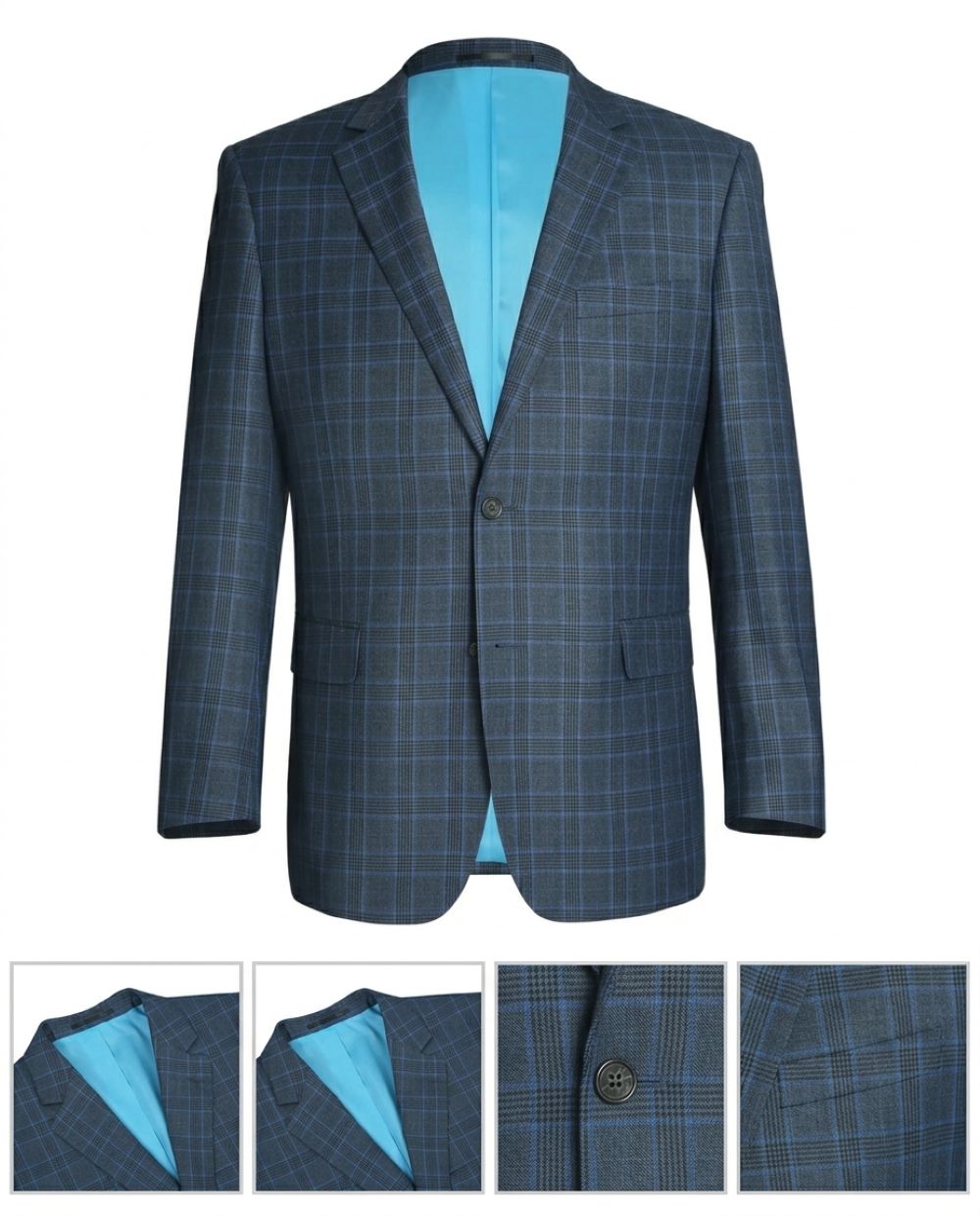 A men's single-breasted blazer in a blue and navy windowpane plaid pattern, featuring a bright turquoise blue satin lining. The main image shows the full blazer, while three smaller detail panels at the bottom highlight the fabric texture, the button details, and the lining.