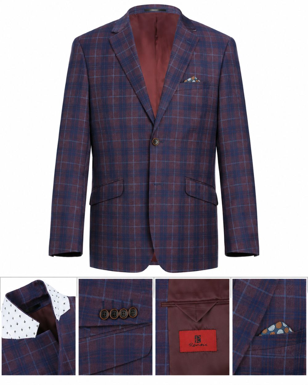 A men's single-breasted blazer in a navy and burgundy plaid pattern, shown on a white background with four detail inset images at the bottom showing the collar, buttons, lining, and pocket square.
