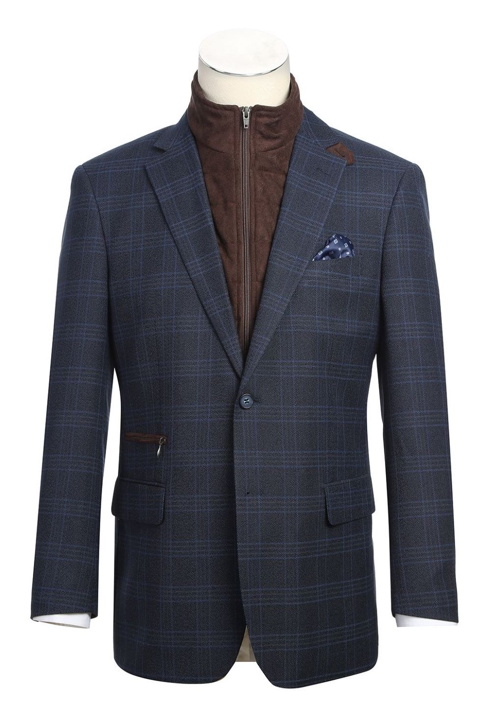 Navy Regular Fit 2 Button Plaid Blazer with Bib
