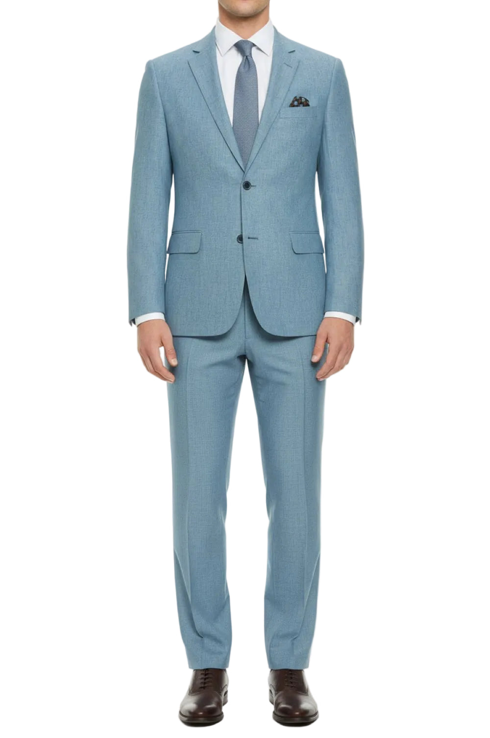 Light blue suit with a white shirt and brown shoes on a white background
