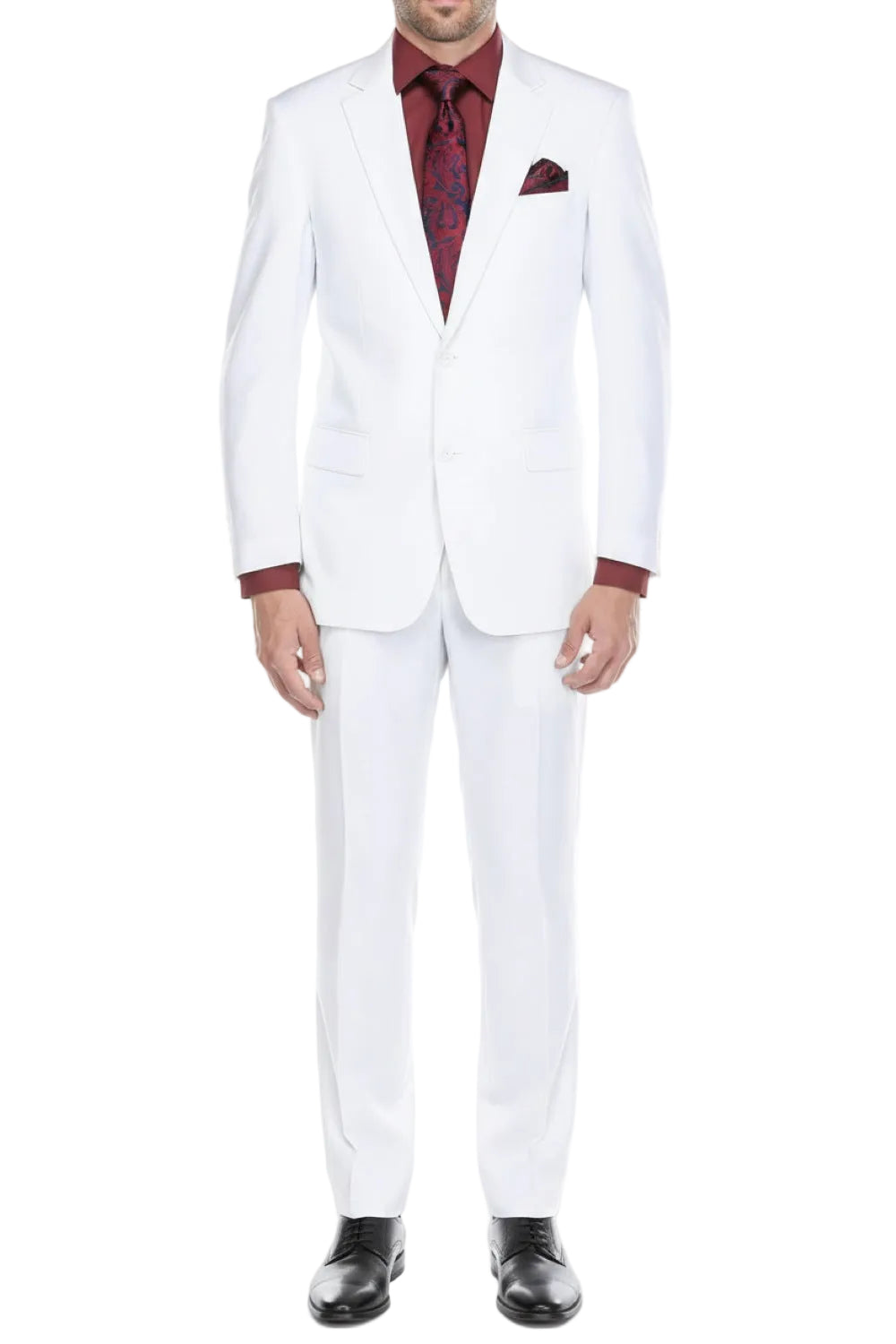 White suit with a red tie and pocket square on a white background