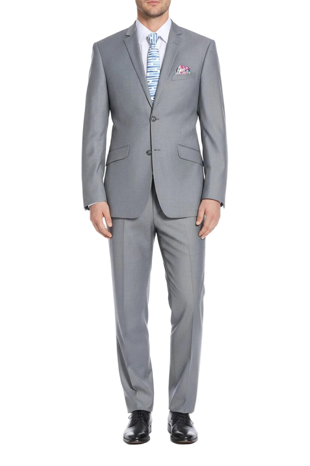 Gray suit with a striped shirt and pocket square on a white background