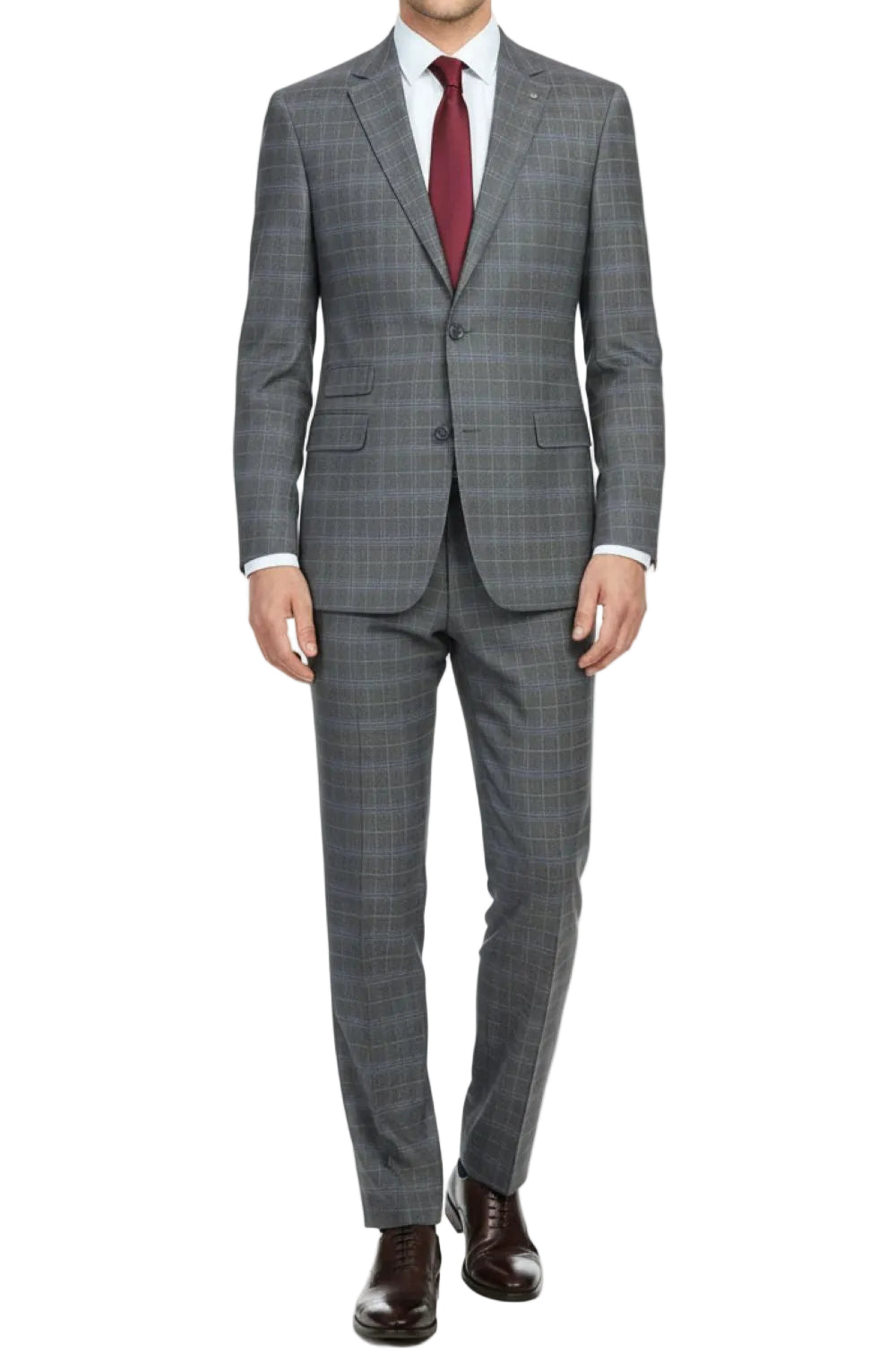 Gray checkered suit with a red tie on a white background