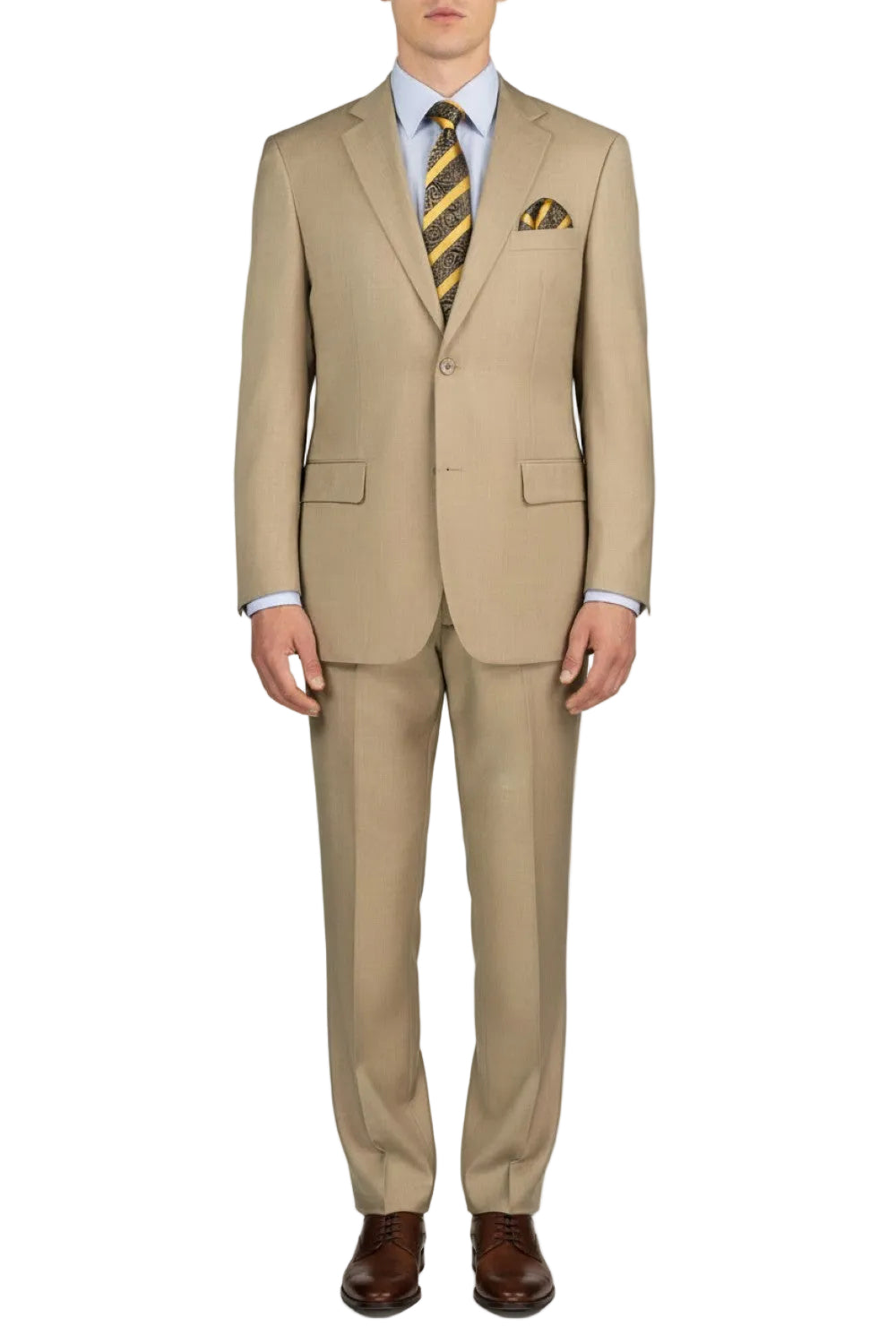 Man wearing a beige suit with a yellow tie on a white background