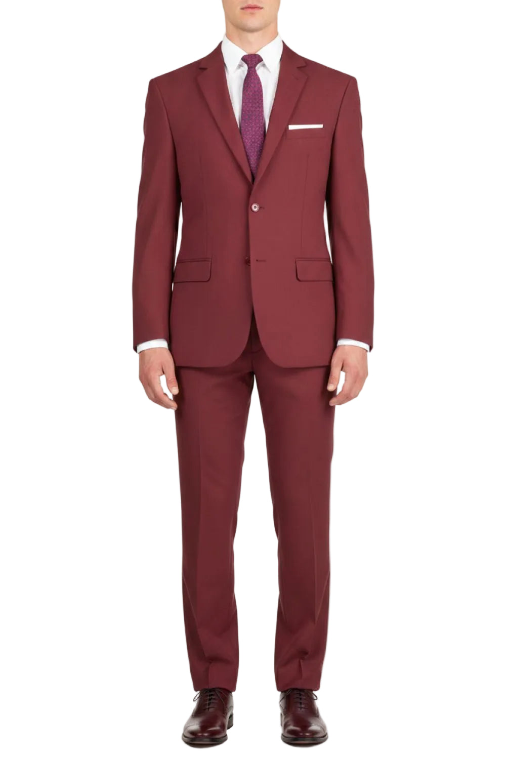 Maroon suit with a white shirt and purple tie on a white background